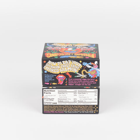 back of the Fishwife Salmon with chili crisp tinned fish box showing colorful illustration, list of ingredients and nutrition facts