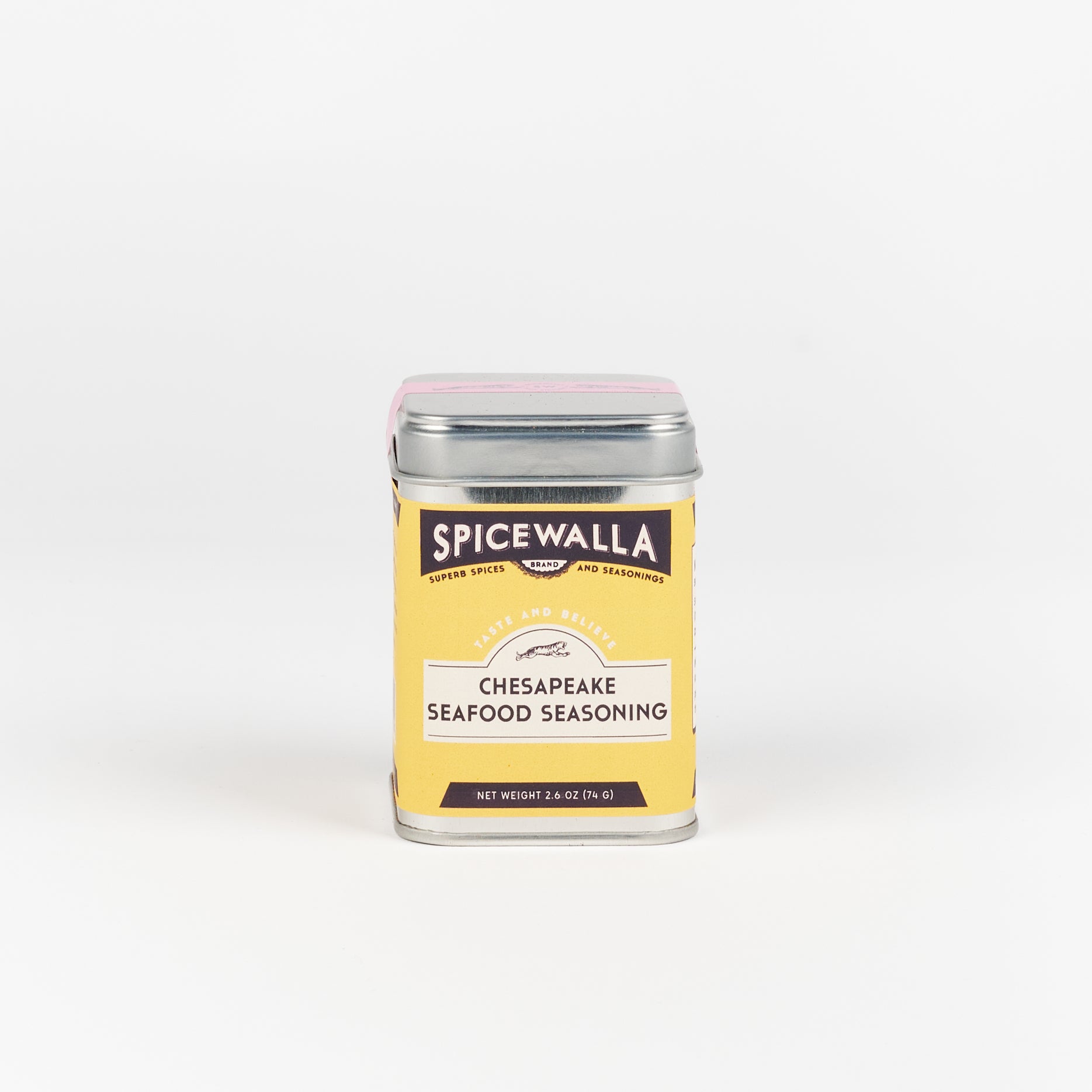 A square tin with rounded edges with bright yellow label containing Spicewalla Chesapeake Seafood Seasoning