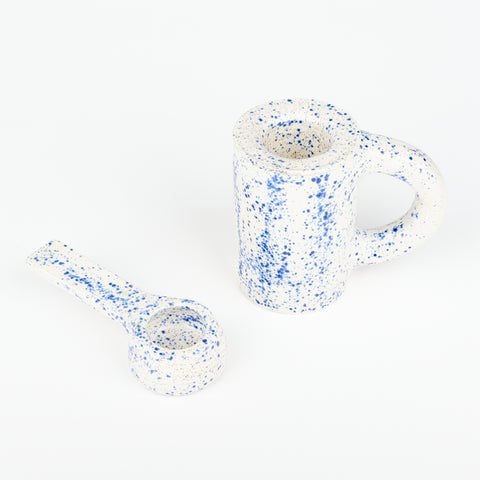 Utility Objects Blue Speckle Ceramic tea set showing scoop and tea strainer sitting inside Nagai mug