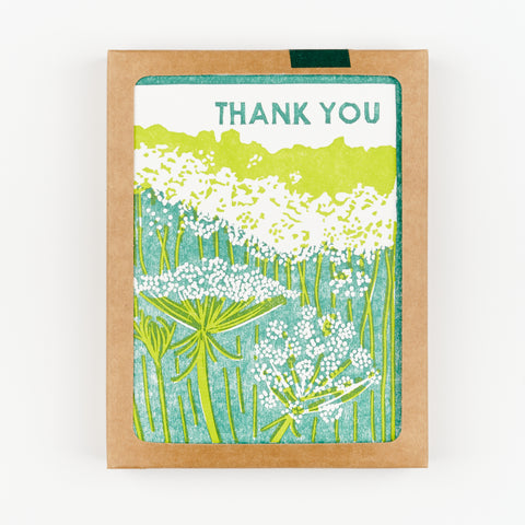 Box set of 6 thank you cards with green Queen Anne's Lace floral design and the words Thank You on the front
