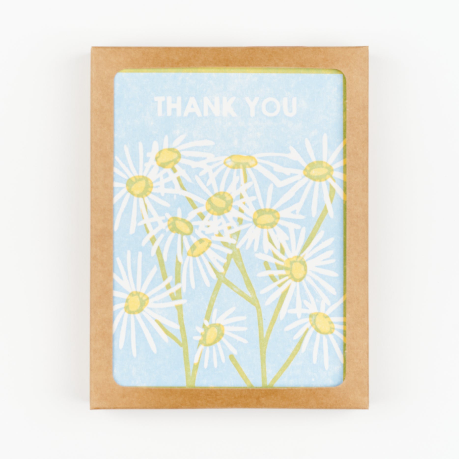 Box set of 6 thank you cards with blue background and daisy floral design and the words Thank You on the front of each card