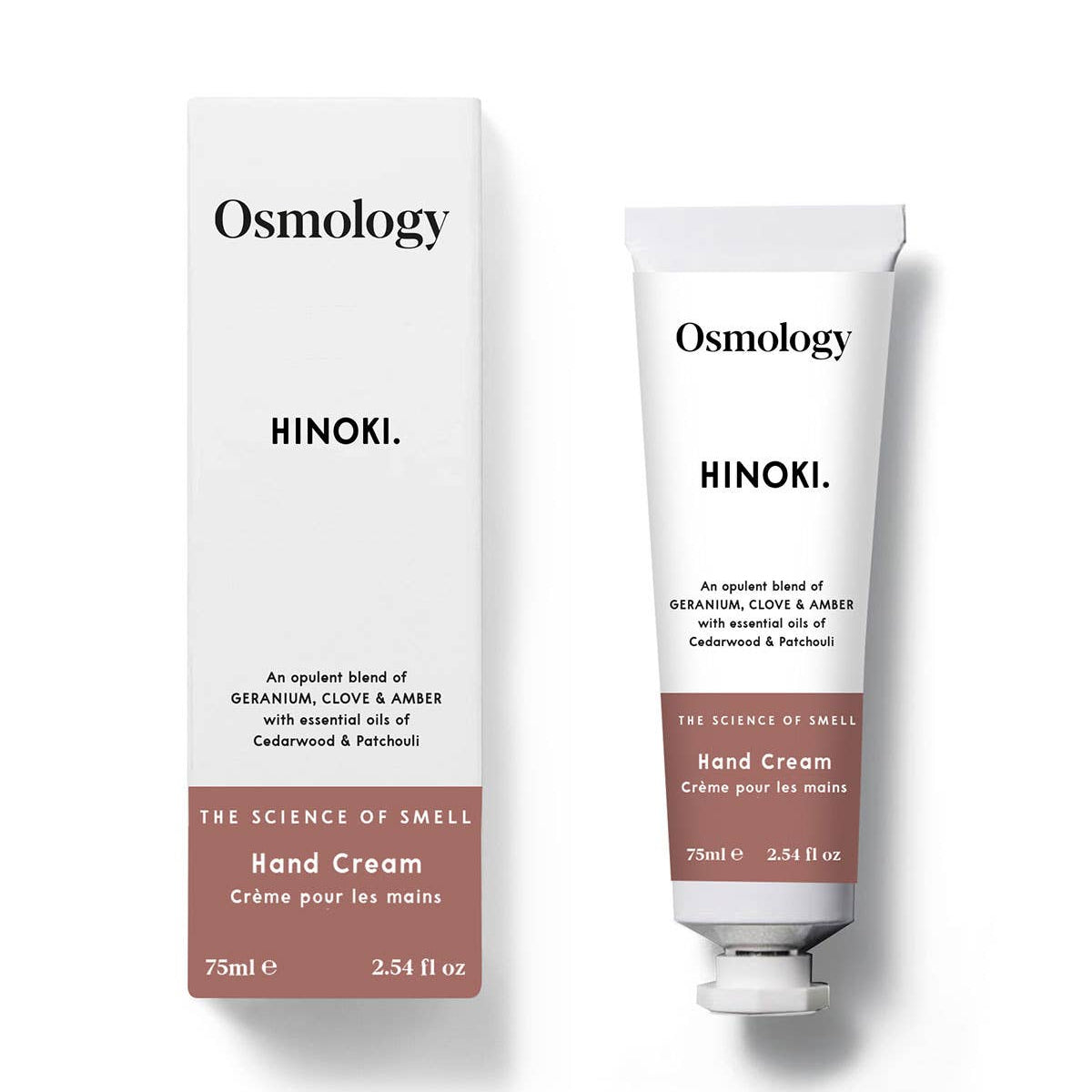 Osmology Hinoki hand cream and packaging on a white background