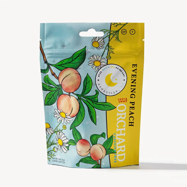 Full Moon Tea Co. Orchard Peach herbal tea package, included in the Steep Dreams gift set.