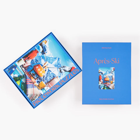 Apres-Ski 1000-piece puzzle for the holidays, showing front and back of the puzzle box.