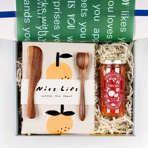 Jam On It gift set with artisanal marmalade, tea towel, and walnut spreaders, gift-wrapped, showing all contents—perfect for thank you and host gifts.