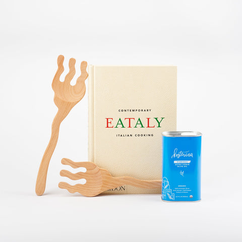 A Cookbook set including Phaidon cookbook Eataly - Contemporary Italian Cooking, Kosterina Olive Oil, and Areaware Serving Friends wooden tongs