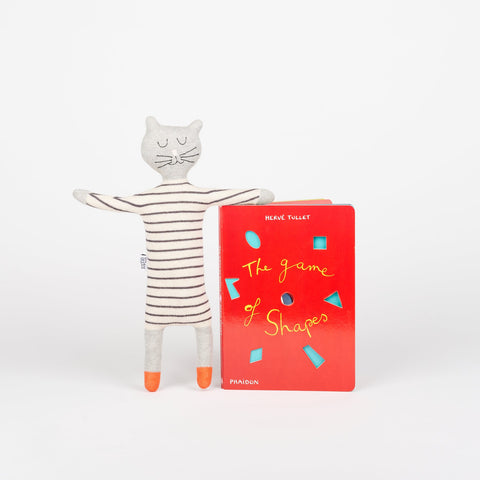 Phaidon Kids Book the Game of Shapes and a Sophie Home Kids Cat in stripes stuffed animal toy